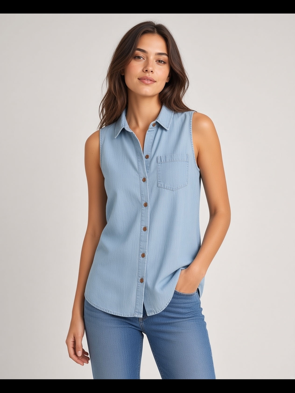 New Directions 100% Cotton Light Blue Sleeveless Button-Down Shirt Xl